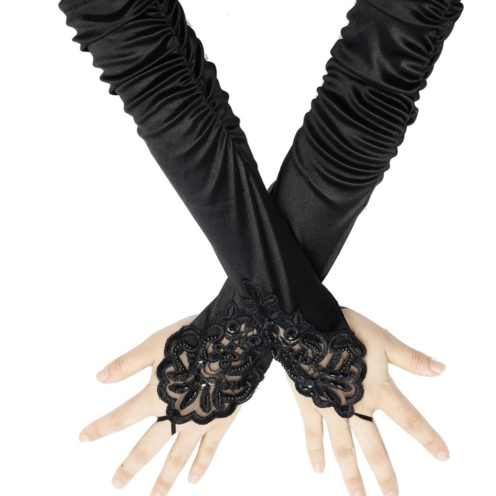 one finger beaded gloves 1920s Black Long Opera Gloves with Finger Loops Stretch